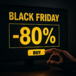Gros plan d'un écran d'ordinateur affichant une publicité « BLACK FRIDAY » en lettres jaunes. Au centre, une grande réduction « -80% » est affichée. Une main pointe ou est sur le point d'appuyer sur un bouton jaune rectangulaire avec le texte « BUY » (ACHETER) en dessous. Le fond est sombre. Généré par une IA