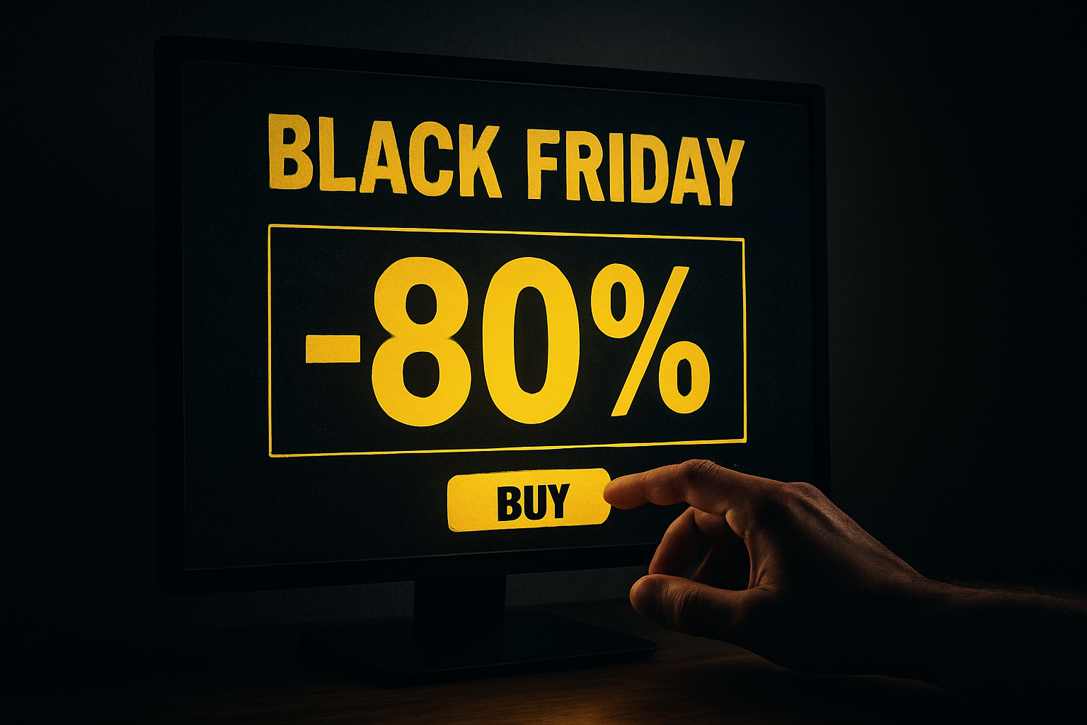 Gros plan d'un écran d'ordinateur affichant une publicité « BLACK FRIDAY » en lettres jaunes. Au centre, une grande réduction « -80% » est affichée. Une main pointe ou est sur le point d'appuyer sur un bouton jaune rectangulaire avec le texte « BUY » (ACHETER) en dessous. Le fond est sombre. Généré par une IA
