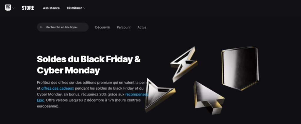 Capture d'écran de la boutique Epic Games Store faisant la promotion de ses Soldes du Black Friday et du Cyber Monday.