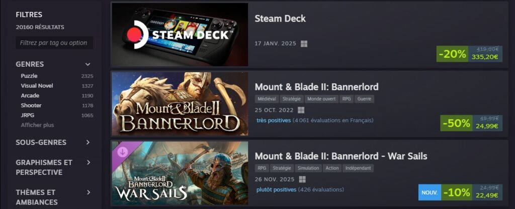 Capture d'écran de l'interface de la boutique Steam, montrant des prix promotionnels pour le Black Friday Steam 2025