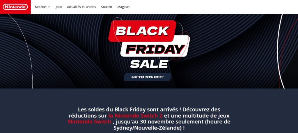 Capture d'écran d'une page du site web de Nintendo affichant une grande bannière de promotion pour le « BLACK FRIDAY SALE » (Vente du Vendredi fou) avec le texte « UP TO 70% OFF! » (Jusqu'à 70 % de réduction !).