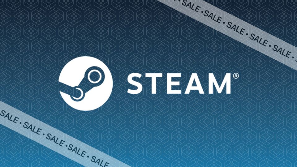 Le logo de Steam est affiché sur un écran bleu. Le logo est un cercle blanc contenant un symbole de type clé ou engrenage. Le nom STEAM est écrit en majuscules blanches à droite du logo. Le fond bleu présente un motif hexagonal répété et est barré par des bandes en diagonale qui affichent le mot SALE (SOLDES) en blanc.