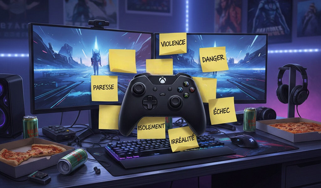 Image générée par IA montrant un bureau de gamer avec deux écrans affichant un jeu de science-fiction, un contrôleur Xbox flottant et plusieurs post-its portant des mots négatifs comme "violence", "danger", "paresse", "échec", "isolement" et "irréalité", entouré de pizzas, canettes et matériel gaming.