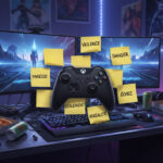 Image générée par IA montrant un bureau de gamer avec deux écrans affichant un jeu de science-fiction, un contrôleur Xbox flottant et plusieurs post-its portant des mots négatifs comme "violence", "danger", "paresse", "échec", "isolement" et "irréalité", entouré de pizzas, canettes et matériel gaming.