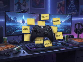 Image générée par IA montrant un bureau de gamer avec deux écrans affichant un jeu de science-fiction, un contrôleur Xbox flottant et plusieurs post-its portant des mots négatifs comme "violence", "danger", "paresse", "échec", "isolement" et "irréalité", entouré de pizzas, canettes et matériel gaming.