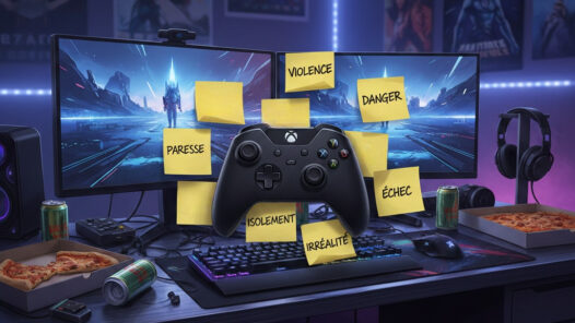Image générée par IA montrant un bureau de gamer avec deux écrans affichant un jeu de science-fiction, un contrôleur Xbox flottant et plusieurs post-its portant des mots négatifs comme "violence", "danger", "paresse", "échec", "isolement" et "irréalité", entouré de pizzas, canettes et matériel gaming.