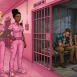 Deux policières Barbie en uniforme rose pastel devant une cellule de prison où sont assis deux détenus dans un décor sombre façon GTA