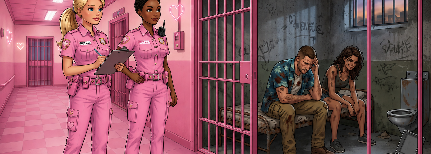 Deux policières Barbie en uniforme rose pastel devant une cellule de prison où sont assis deux détenus dans un décor sombre façon GTA