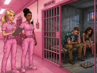 Deux policières Barbie en uniforme rose pastel devant une cellule de prison où sont assis deux détenus dans un décor sombre façon GTA