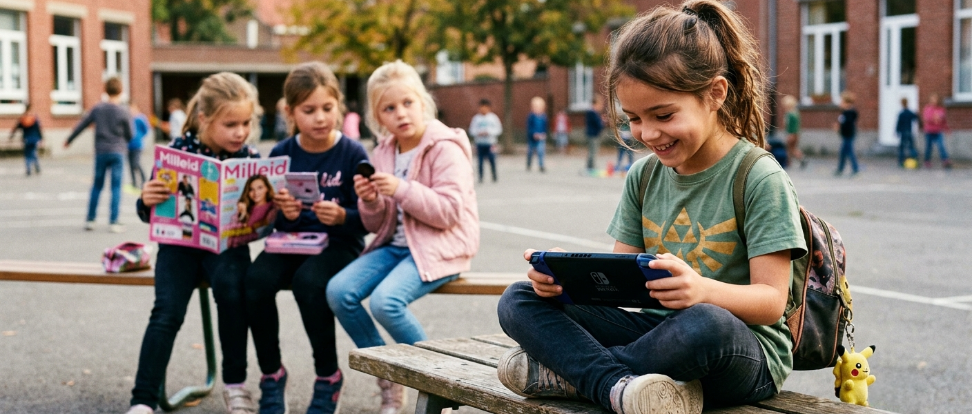 Une fillette joue sur une console Nintendo Switch, assise sur un banc, pendant que d'autres enfants la regardent