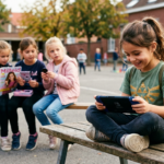 Une fillette joue sur une console Nintendo Switch, assise sur un banc, pendant que d'autres enfants la regardent