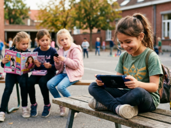 Une fillette joue sur une console Nintendo Switch, assise sur un banc, pendant que d'autres enfants la regardent