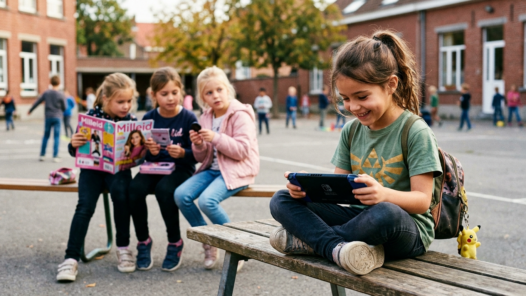 Une fillette joue sur une console Nintendo Switch, assise sur un banc, pendant que d'autres enfants la regardent
