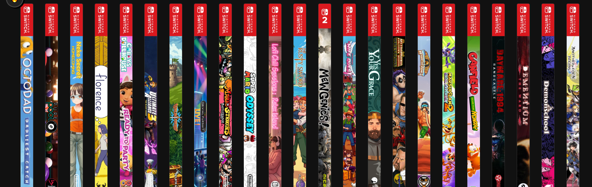 Capture d'écran du site Spine Archive montrant une rangée de tranches Nintendo Switch personnalisées, avec en dessous une rangée de tranches rouges et blanches identiques