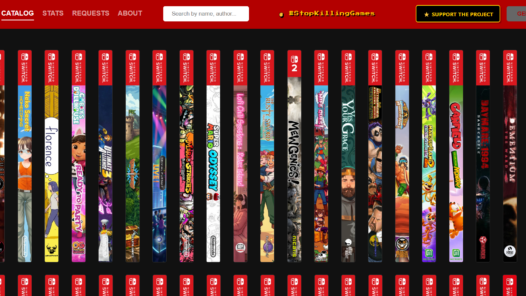 Capture d'écran du site Spine Archive montrant une rangée de tranches Nintendo Switch personnalisées, avec en dessous une rangée de tranches rouges et blanches identiques
