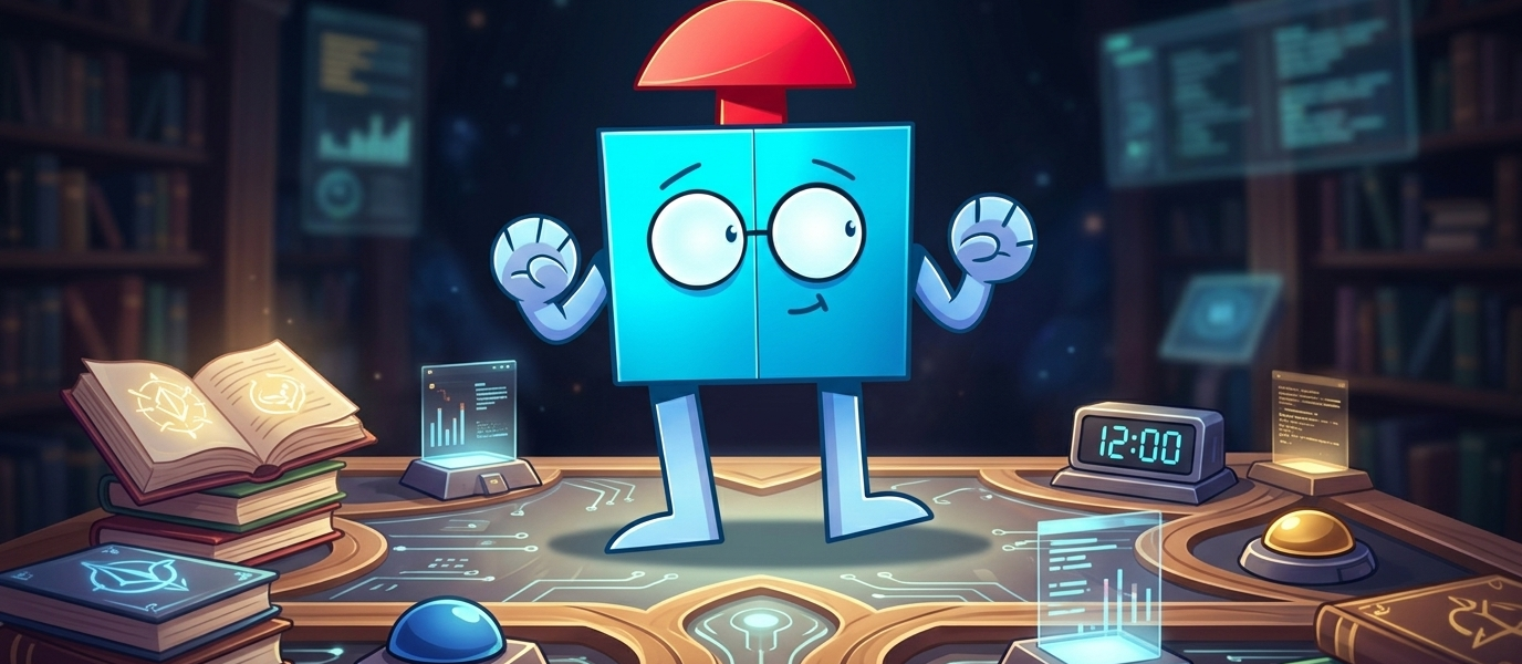 Un petit robot bleu à lunettes se tient sur un plateau de jeu façon quiz, entouré de livres, d'écrans et d'un buzzer, avec une horloge affichant midi