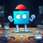 Un petit robot bleu à lunettes se tient sur un plateau de jeu façon quiz, entouré de livres, d'écrans et d'un buzzer, avec une horloge affichant midi