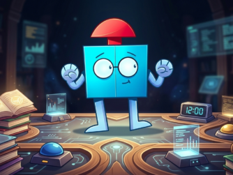 Un petit robot bleu à lunettes se tient sur un plateau de jeu façon quiz, entouré de livres, d'écrans et d'un buzzer, avec une horloge affichant midi