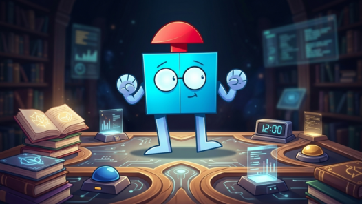 Un petit robot bleu à lunettes se tient sur un plateau de jeu façon quiz, entouré de livres, d'écrans et d'un buzzer, avec une horloge affichant midi
