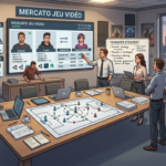 Illustration d'une réunion d'équipe autour d'un tableau "Mercato Jeu Vidéo" avec fiches de développeurs façon transferts sportifs
