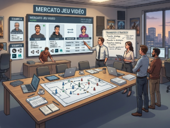 Illustration d'une réunion d'équipe autour d'un tableau "Mercato Jeu Vidéo" avec fiches de développeurs façon transferts sportifs
