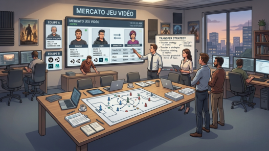 Illustration d'une réunion d'équipe autour d'un tableau "Mercato Jeu Vidéo" avec fiches de développeurs façon transferts sportifs