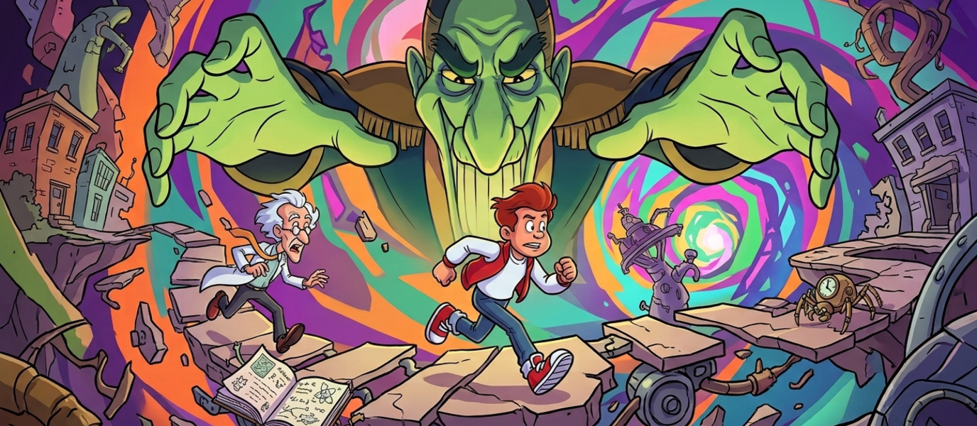 Illustration façon dessin animé de Bud Tucker et d'un scientifique fuyant un géant vert menaçant