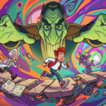 Illustration façon dessin animé de Bud Tucker et d'un scientifique fuyant un géant vert menaçant