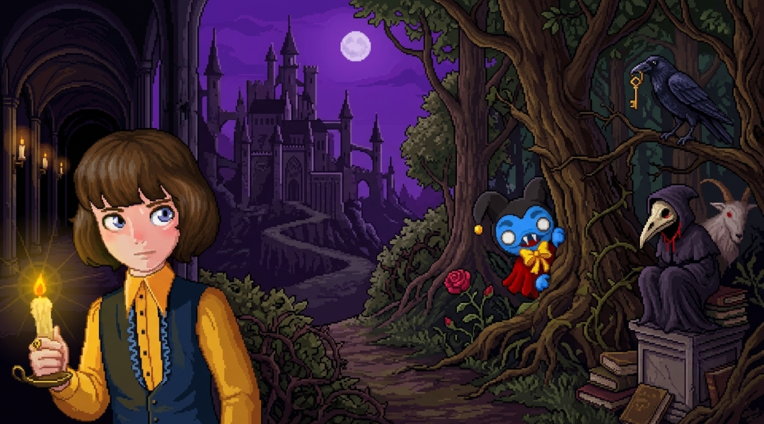 Un jeune garçon tenant une bougie dans un couloir gothique, face à un sombre château violet, avec un corbeau à la clé, un bouffon bleu, un médecin de la peste et une chèvre dans la forêt de The Count Lucanor