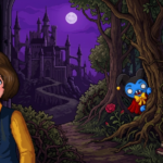 Un jeune garçon tenant une bougie dans un couloir gothique, face à un sombre château violet, avec un corbeau à la clé, un bouffon bleu, un médecin de la peste et une chèvre dans la forêt de The Count Lucanor