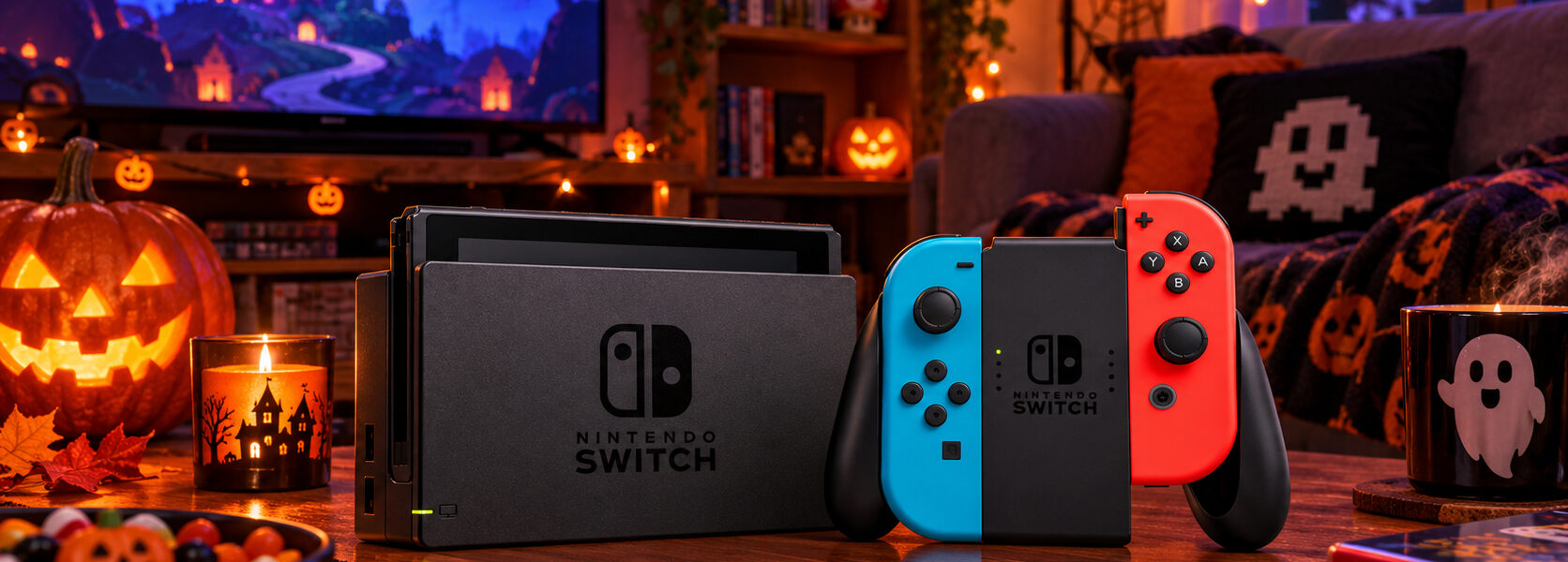Une Nintendo Switch avec sa base et ses manettes Joy-Con bleue et rouge, posée sur une table basse dans un salon décoré pour Halloween, entre citrouilles, bougies et guirlandes lumineuses