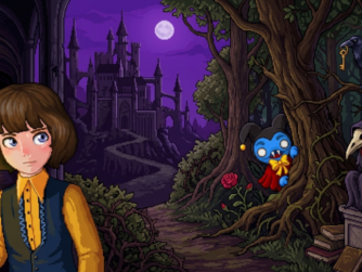 Un jeune garçon tenant une bougie dans un couloir gothique, face à un sombre château violet, avec un corbeau à la clé, un bouffon bleu, un médecin de la peste et une chèvre dans la forêt de The Count Lucanor