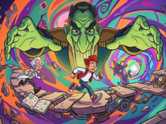 Illustration façon dessin animé de Bud Tucker et d'un scientifique fuyant un géant vert menaçant