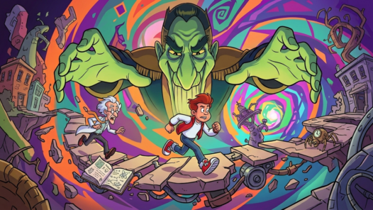 Illustration façon dessin animé de Bud Tucker et d'un scientifique fuyant un géant vert menaçant