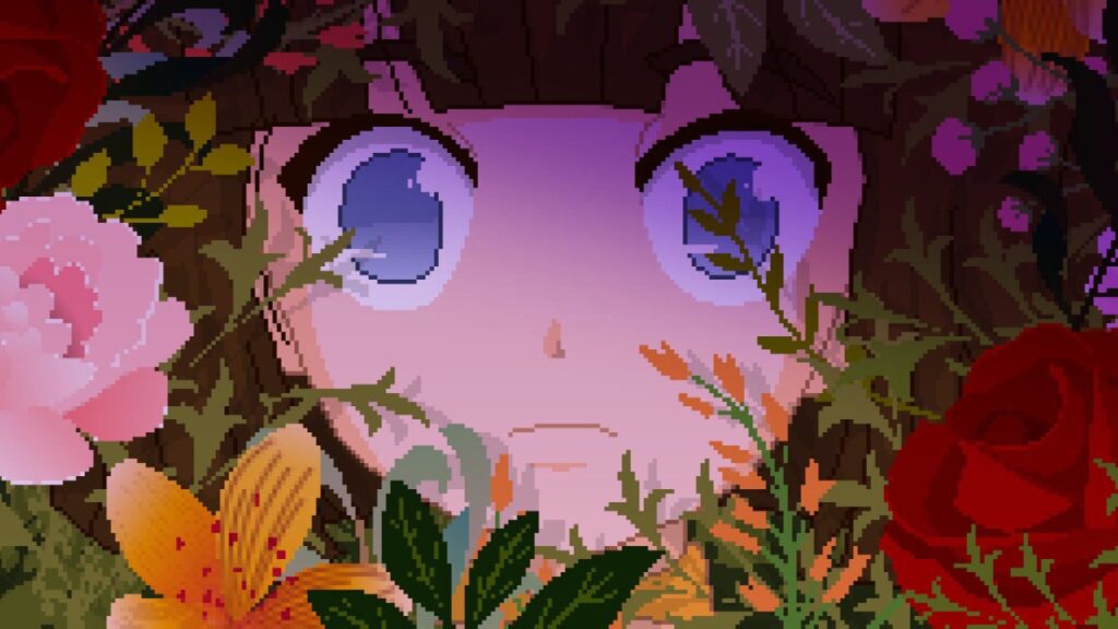 Illustration en pixel art de The Count Lucanor : gros plan sur le visage d'un jeune personnage aux grands yeux bleu violet, encadré de roses, de lys et de feuillages épineux