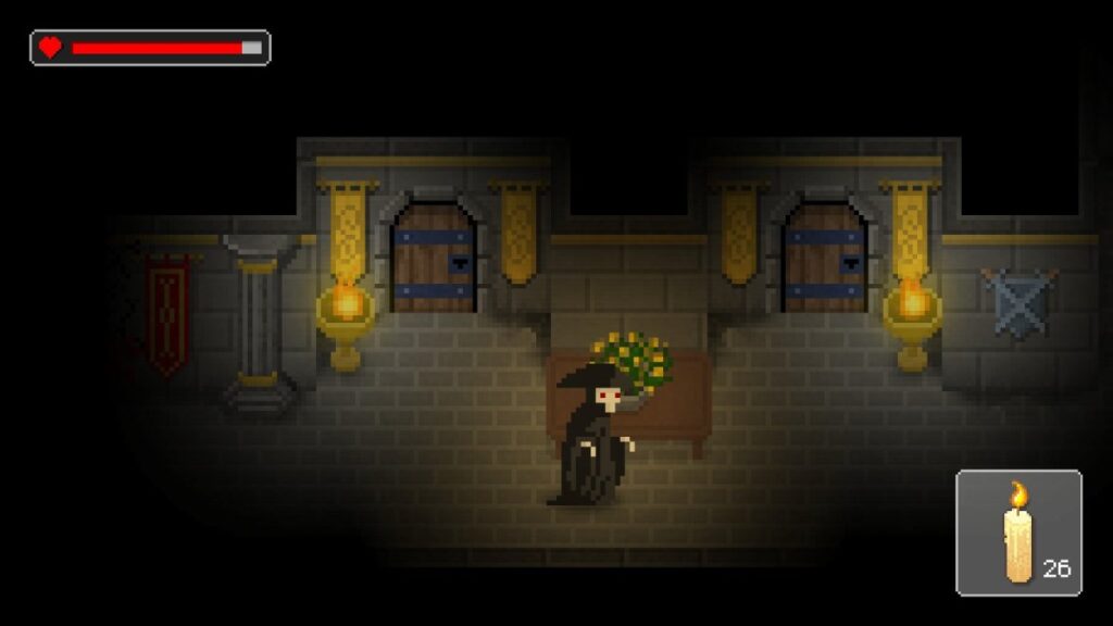Capture de The Count Lucanor : une silhouette sombre aux yeux rouges, coiffée d'un chapeau, se tient dans une salle faiblement éclairée du château, entre deux portes en bois et des torches