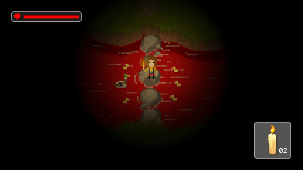 Capture de The Count Lucanor : Hans, une bougie à la main, avance sur des pierres au milieu d'une eau rouge, dans une obscurité totale à peine percée par un halo de lumière, avec un canard à proximité