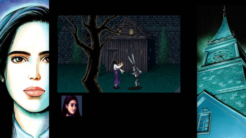 Capture de Clock Tower Rewind : Jennifer recule face à un personnage armé d'une paire de ciseaux géante devant une grange, dans un jardin nocturne, avec un portrait de la jeune femme à gauche et une tour d'horloge illustrée à droite