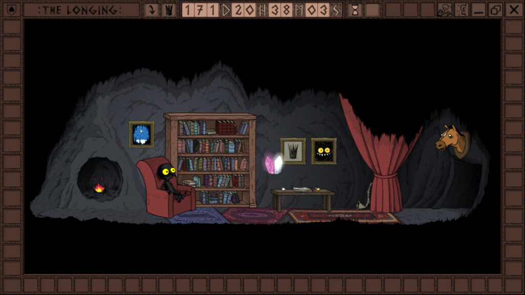 Intérieur de la grotte personnelle de l'Ombre, avec fauteuil, bibliothèque, cheminée, rideau rouge et trophée de cerf