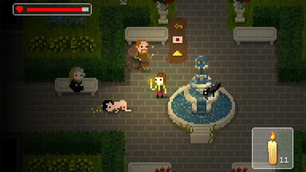 Capture de The Count Lucanor : Hans, une bougie à la main, dans un jardin avec une fontaine, entouré de plusieurs personnages, avec des pièces d'or éparpillées au sol et un panneau d'objets à proximité