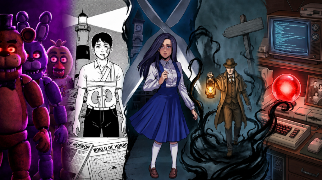 Illustration en cinq volets évoquant chacun des jeux de la sélection : des animatroniques violets et bruns, un jeune homme en noir et blanc devant un phare, une jeune fille en uniforme bleu devant une paire de ciseaux géante, un détective à la lanterne entouré de tentacules d'ombre et un ordinateur rétro avec une sphère rouge lumineuse