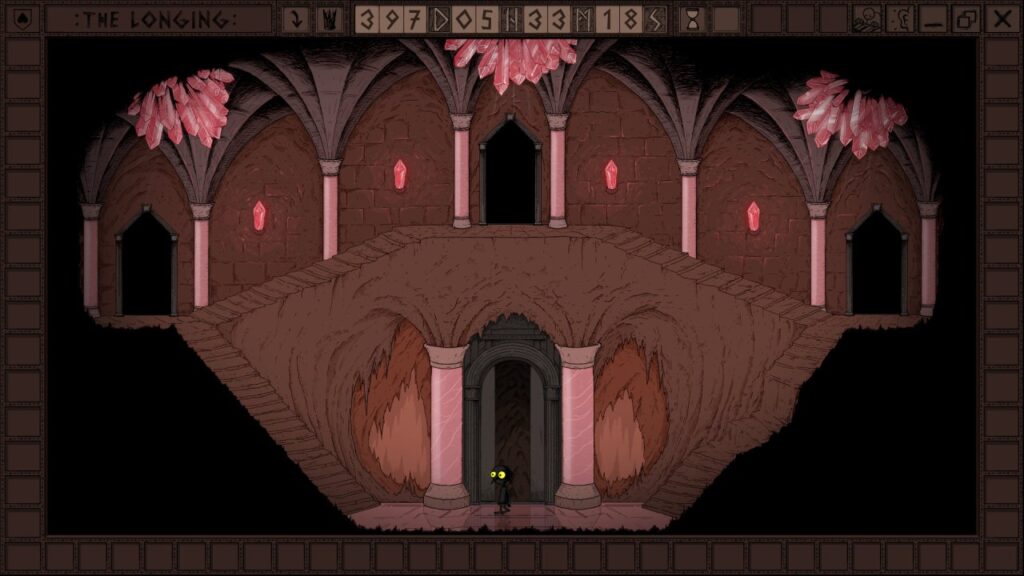 Vaste chambre souterraine ornée de cristaux roses, plusieurs portes menant à des couloirs sombres, l'Ombre à l'entrée