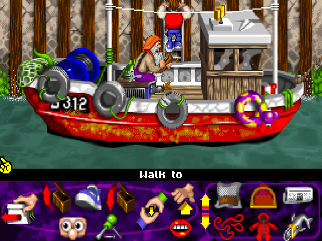 Bud Tucker grimpe sur un bateau rouge piloté par un vieil homme, entouré de forêt