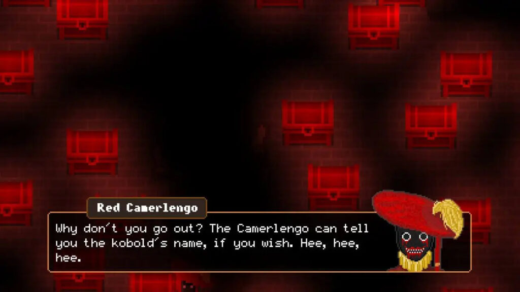 Capture de The Count Lucanor : une salle sombre remplie de coffres rouges, avec le personnage du Camerlengo rouge, coiffé d'un grand chapeau à plume, qui propose de révéler le nom du kobold dans une boîte de dialogue