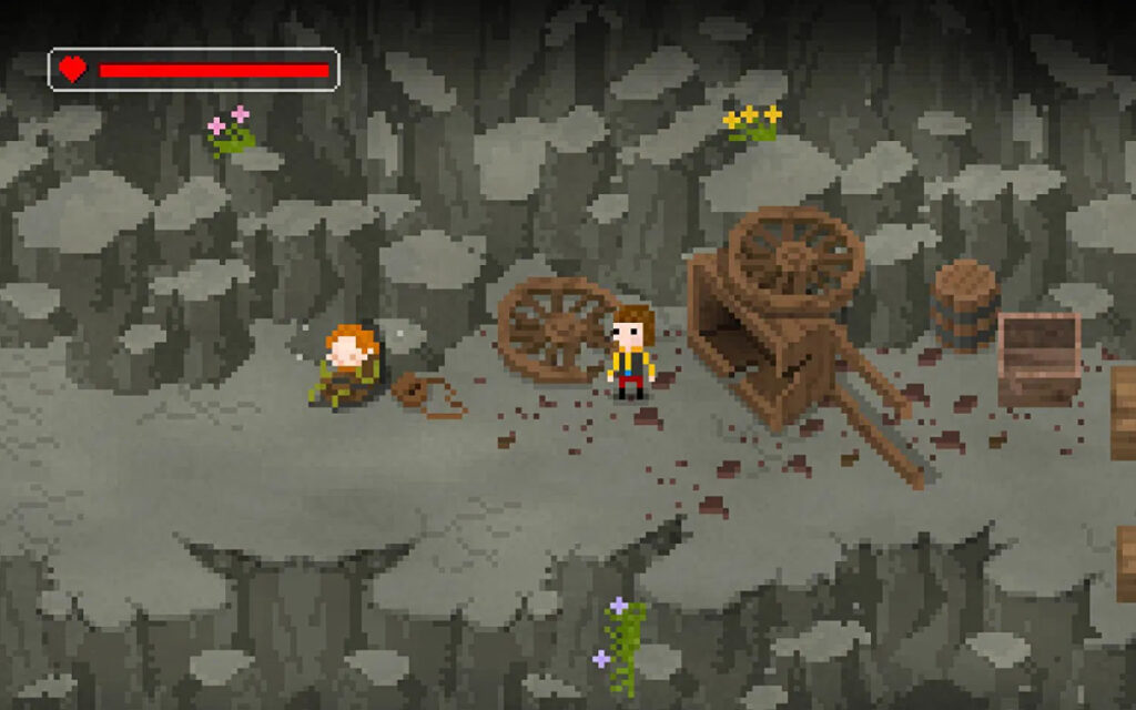 Capture de The Count Lucanor : Hans se tient sur un chemin de pierre grise, près d'une charrette brisée, de tonneaux et de caisses, avec un personnage roux assis au sol un peu plus loin et des taches sombres sur le sol