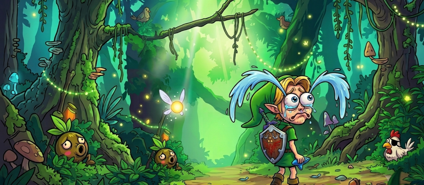 Illustration d'un Link en pleurs façon dessin animé dans la forêt Kokiri, symbolisant la déception face au remake d'Ocarina of Time sur Switch 2.