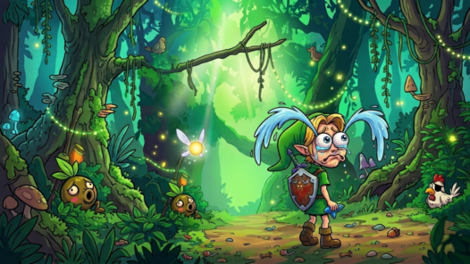 Illustration d'un Link en pleurs façon dessin animé dans la forêt Kokiri, symbolisant la déception face au remake d'Ocarina of Time sur Switch 2.